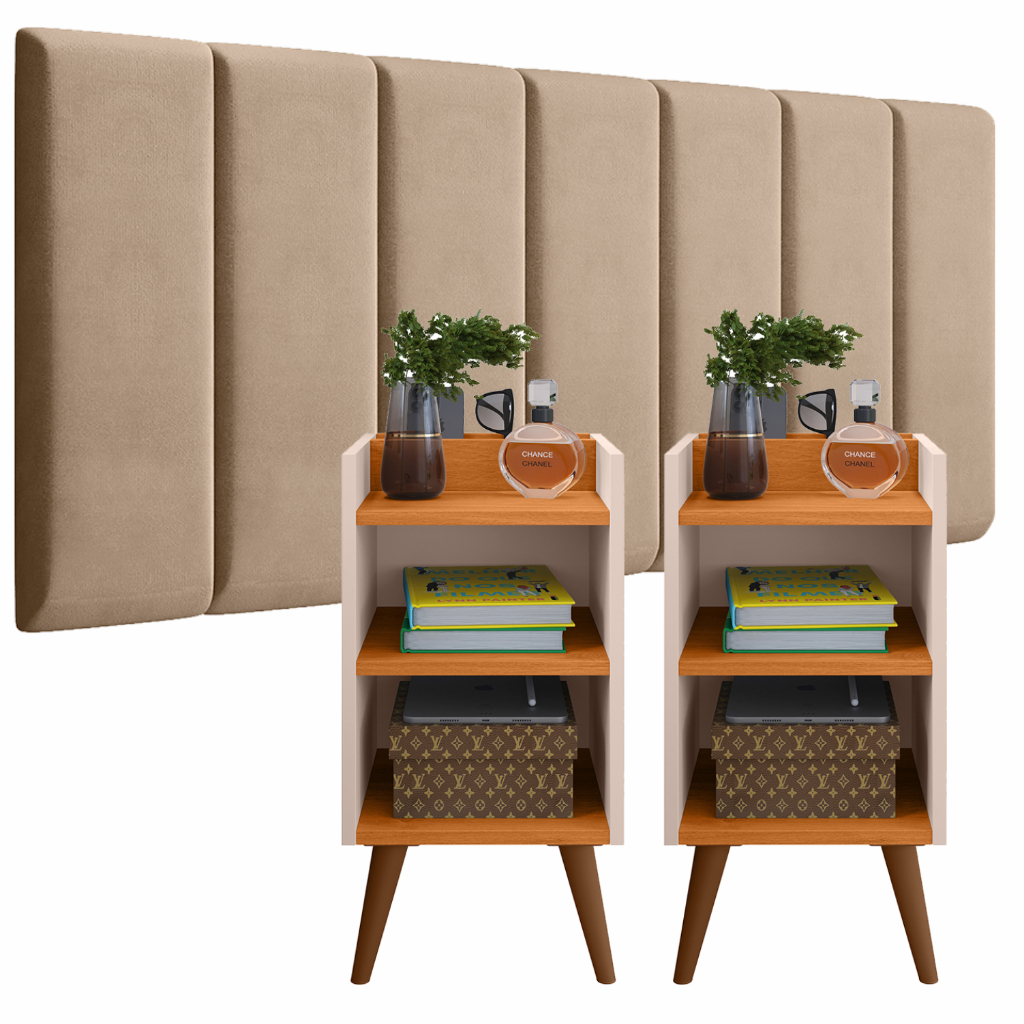 Conjunto Quarto com Cabeceira Casal Modulada 140CM/ 160CM com Kit Mesa de Cabeceira MAX Varias Cores