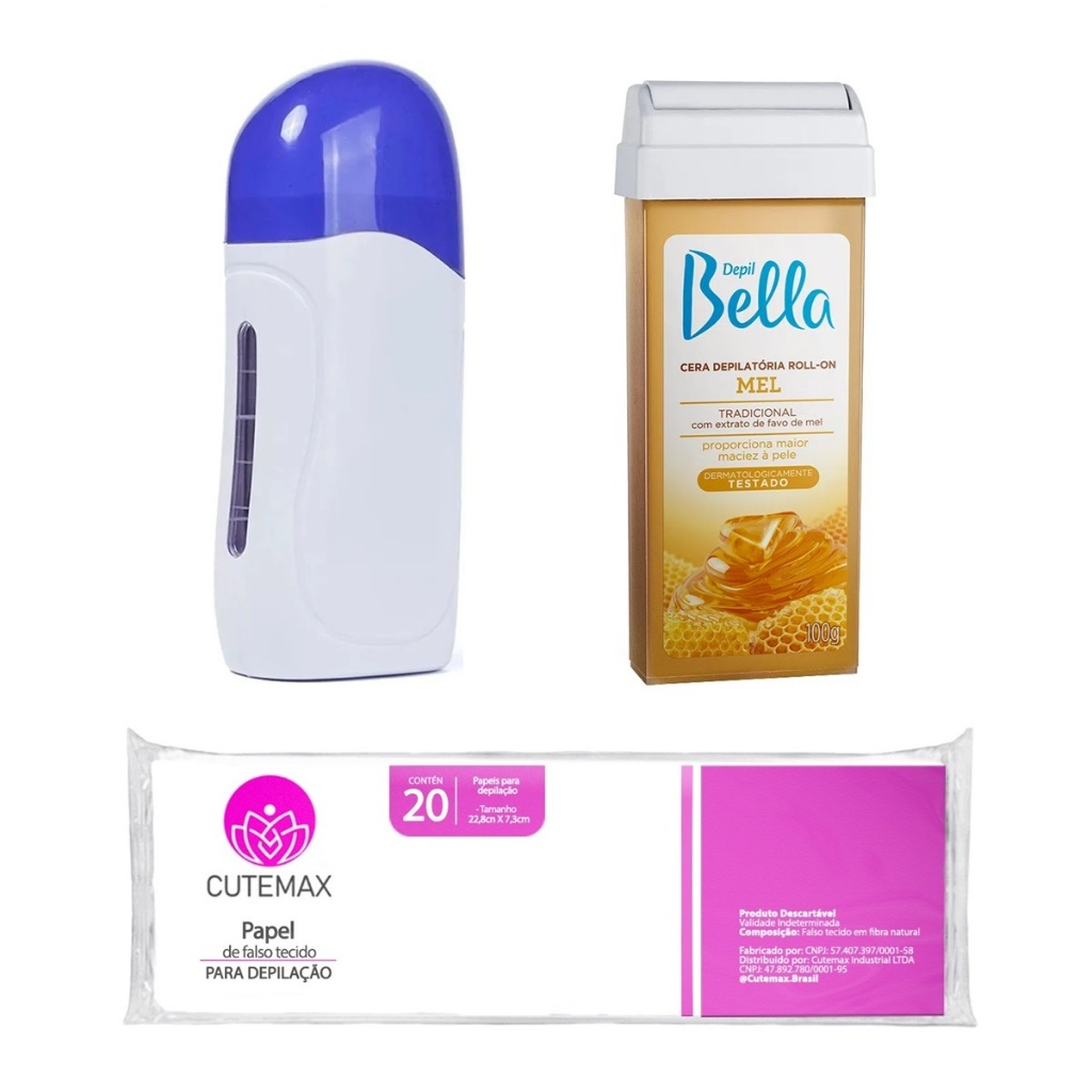 Kit Aquecedor Roll On Depil 1 Cera Depil Bella 20 Folhas Cutemax Depilador Elétrico Depilação