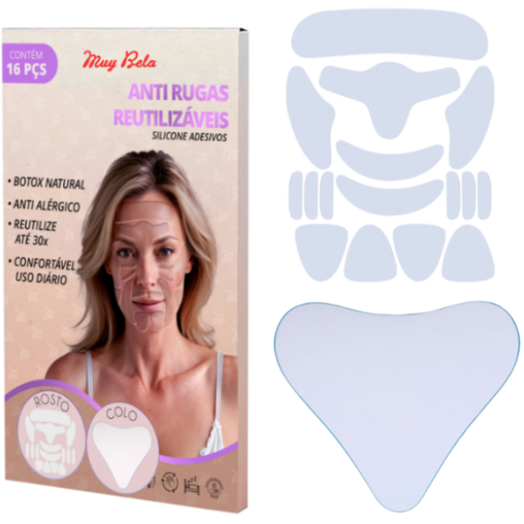 Kit 17 Adesivos Anti Rugas Silicone Reutilizáveis – Lifting Facial Skin Care Rosto Colo Original Envio Rápido Uso Diário