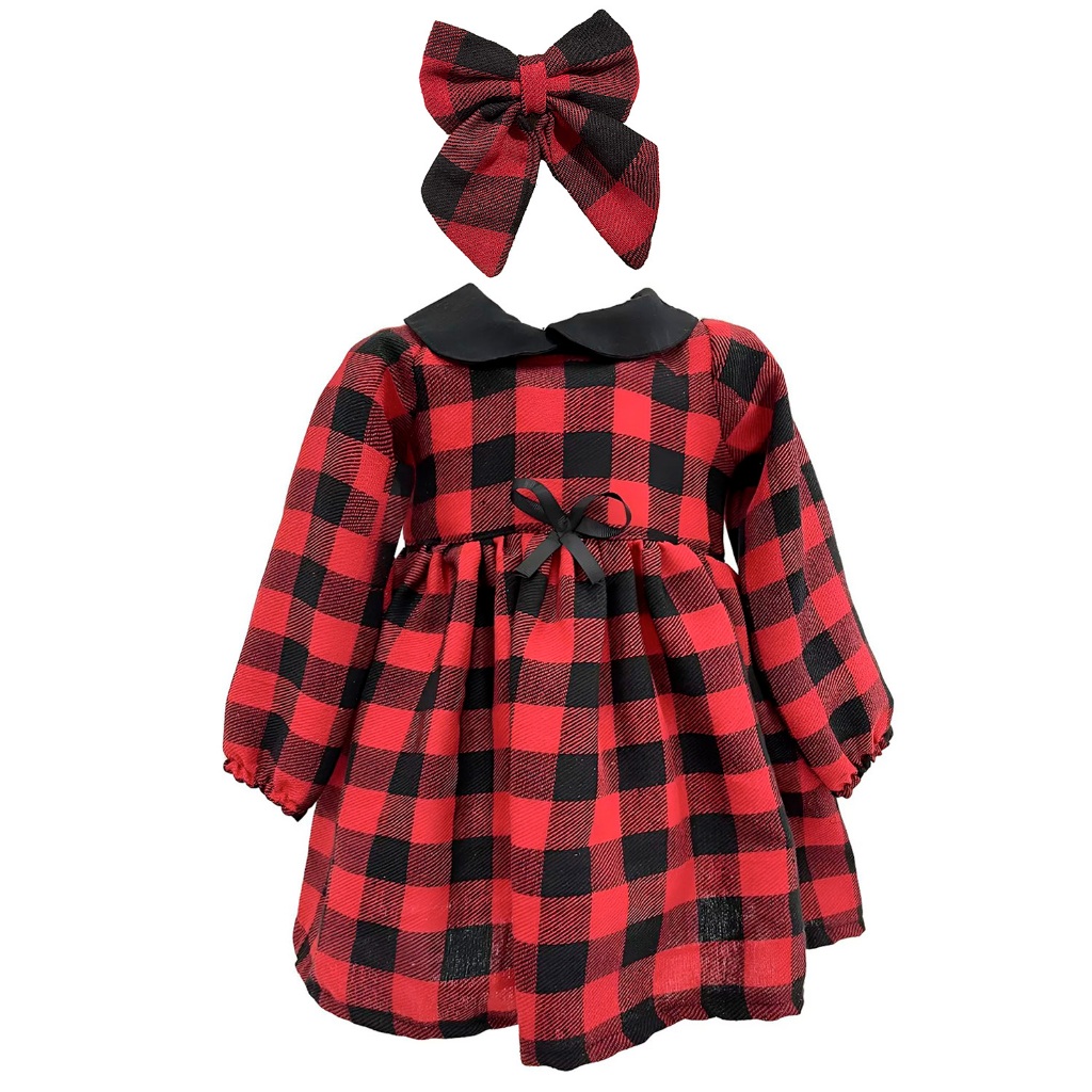 Kit Vestido + Laço Menina Xadrez Inverno Longo Infantil