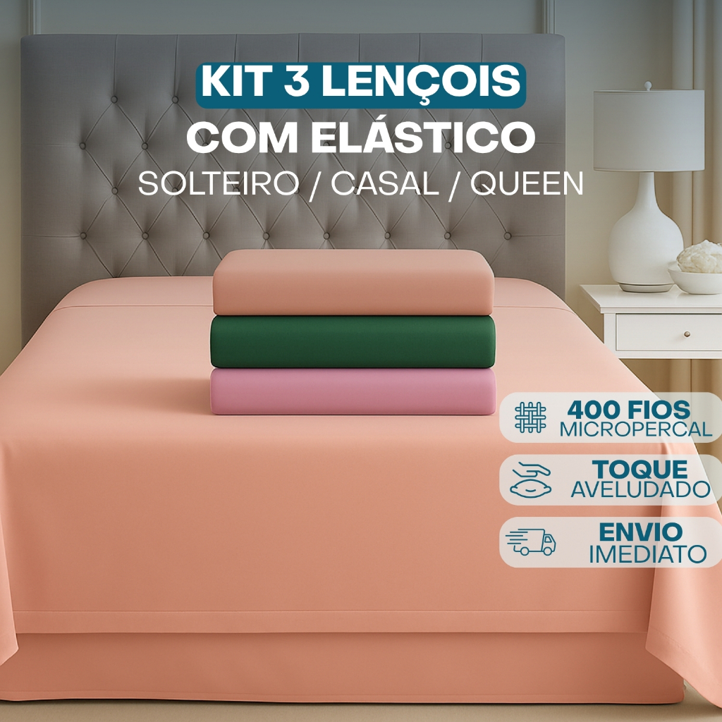 Kit 3 Lençóis com Elástico Casal Queen Solteiro 400 Fios Micropercal Toque Macio