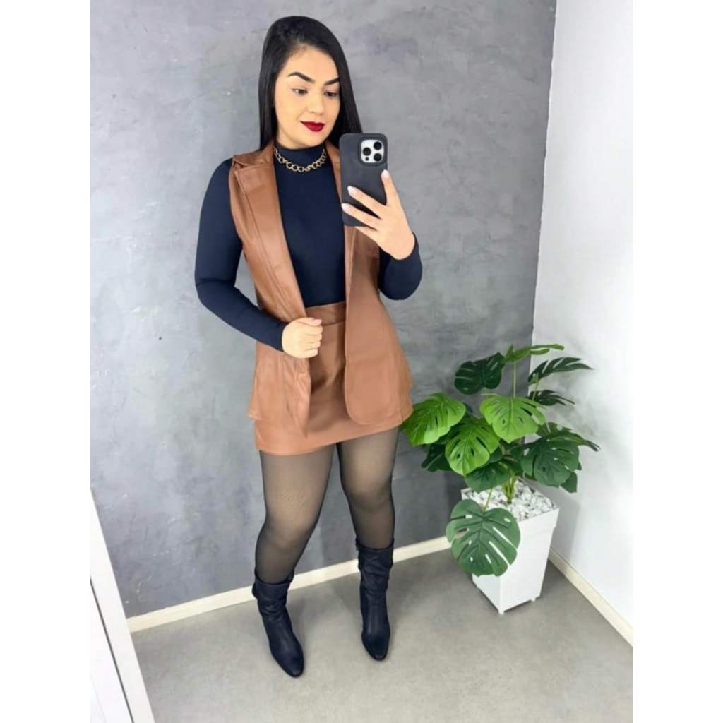 Conjunto Feminina Colete e Short Saia Tamanho M e G Couro Fake em Oferta na Shopee