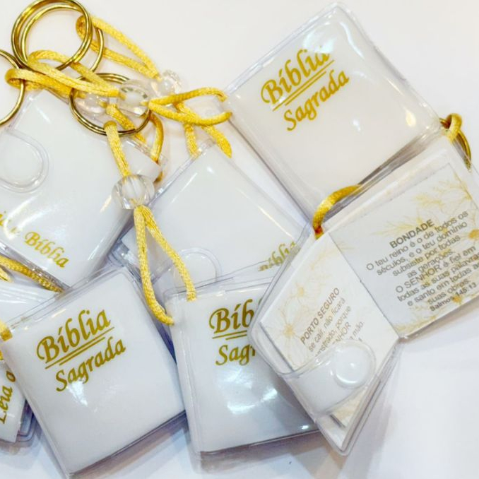 Chaveiro Mini biblia, Branca-Dourada, Luxo Gold c/12 unidades