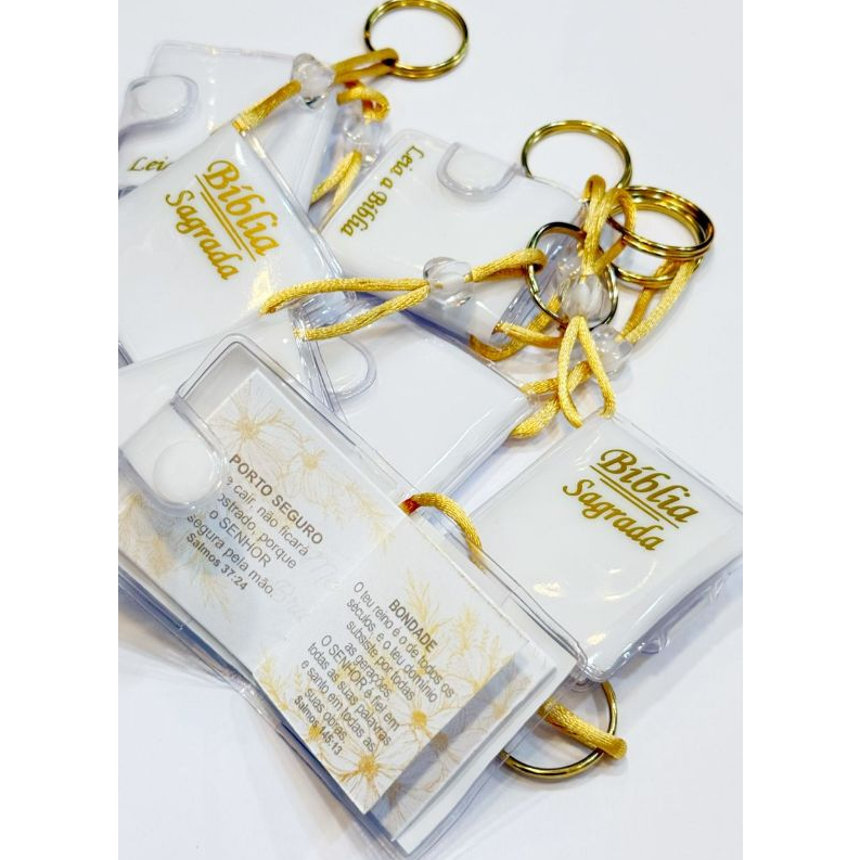 Chaveiro Mini Biblia, (branca-dourada), Luxo Gold - Kit c/ 12 unidades