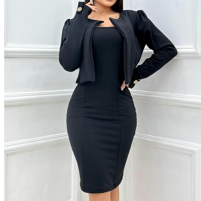 Conjunto Vestido Colado Midi + Casaco Blazer Moda Evangélica Elegante.