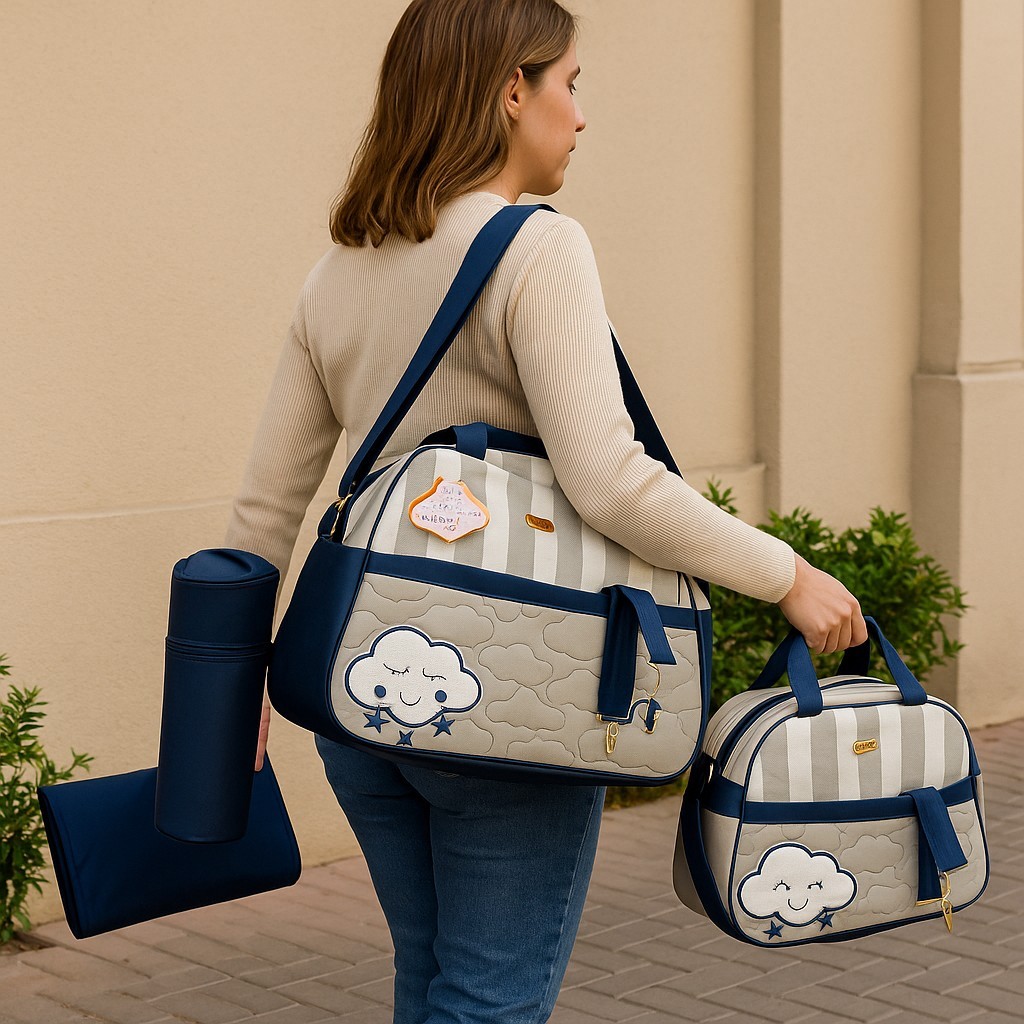 Kit 4 Peças Bolsa Maternidade Menino Azul Jeans com Bege Bebe Nene