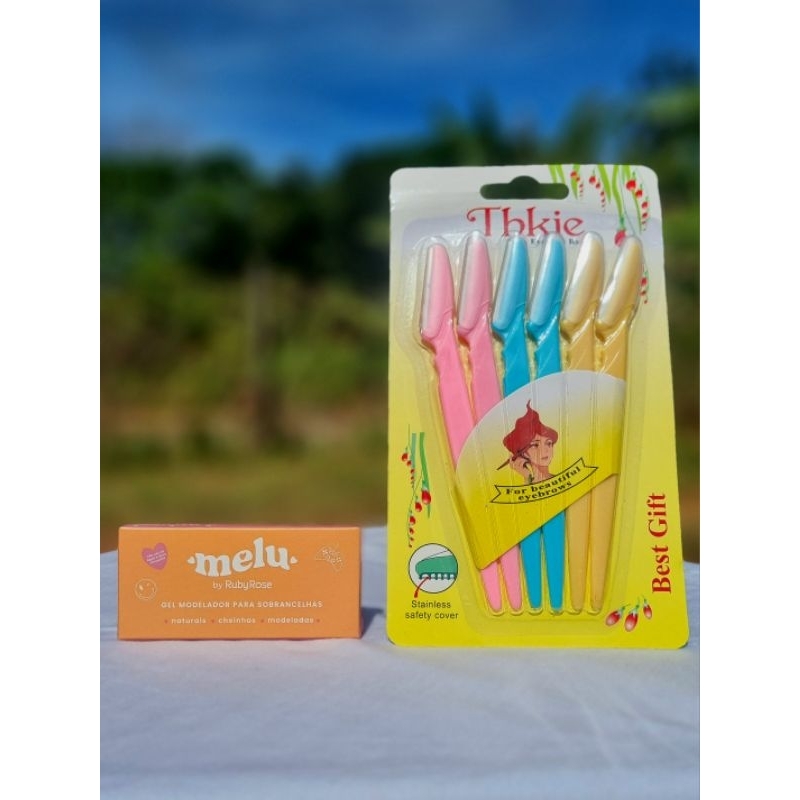Kit para sobrancelha Gel modelador Melu e Lâminas para rosto e busto - Gel modelador Melu - Kit navalha para sobrancelha