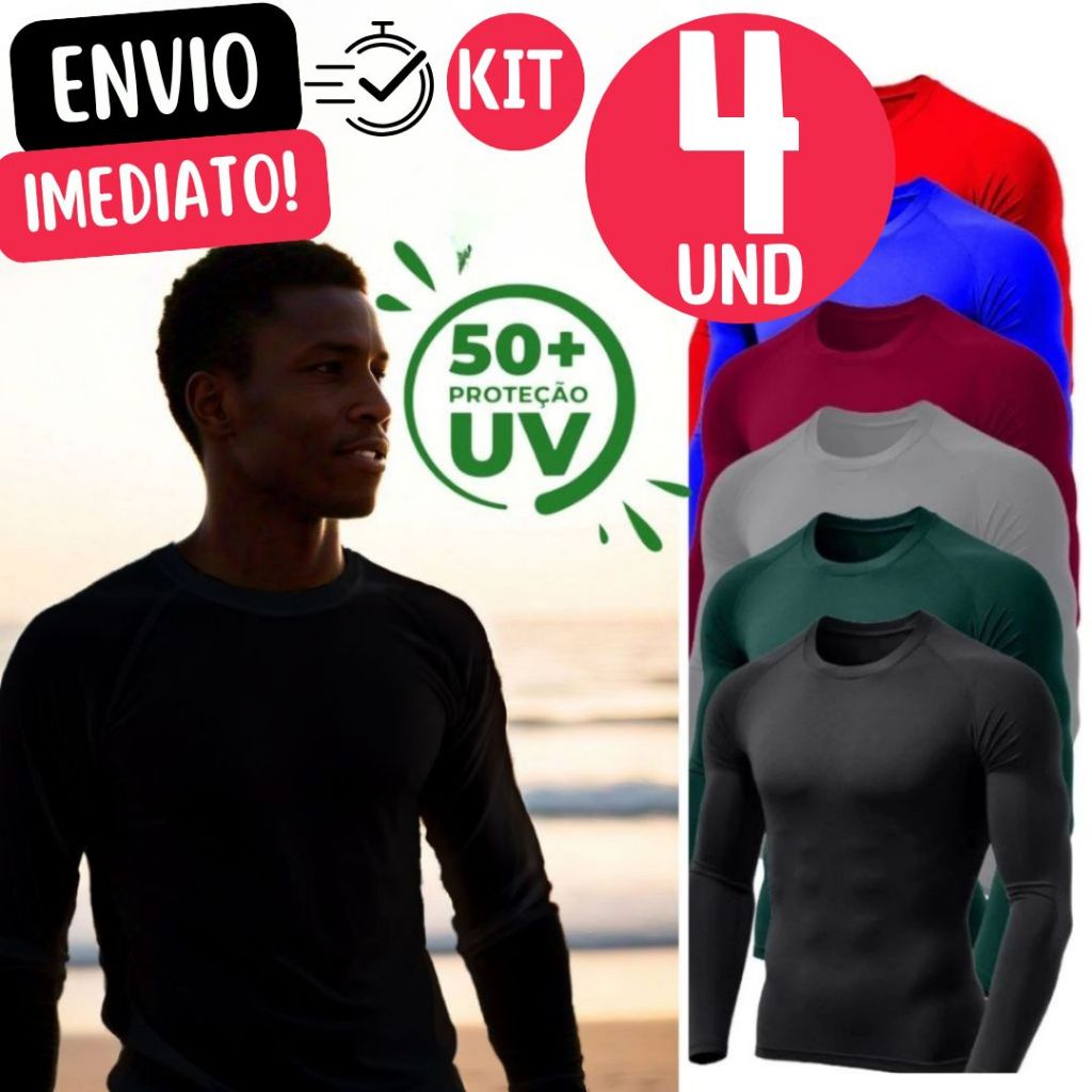 Kit 4 Camisa Térmica Proteção Uv 50+ Segunda Pele Camiseta Blusa Malha Fria Unissex Academia Manga Longa