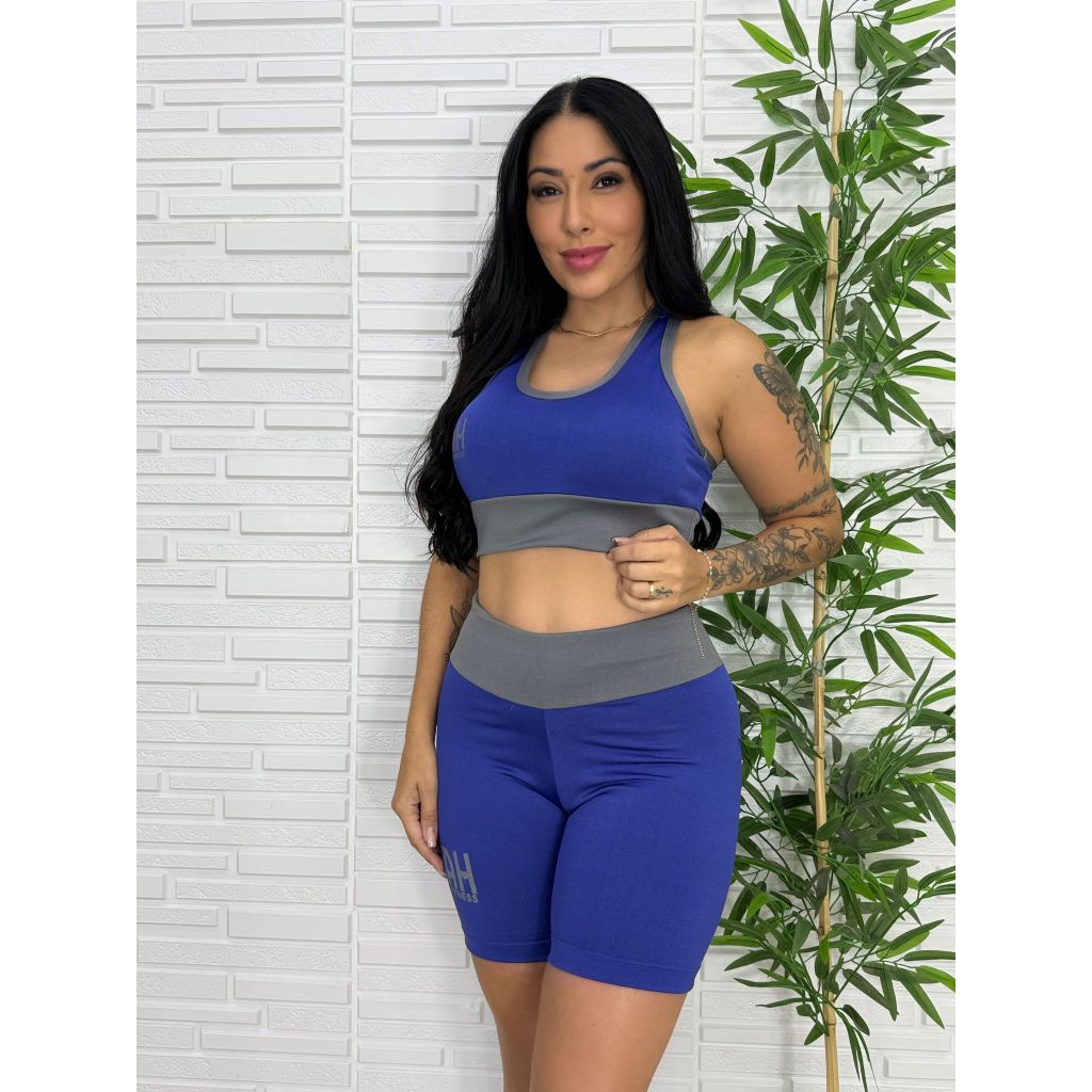 Conjunto de Academia Feminino Top com Bojo e Bermuda Cintura Alta Conjunto Academia