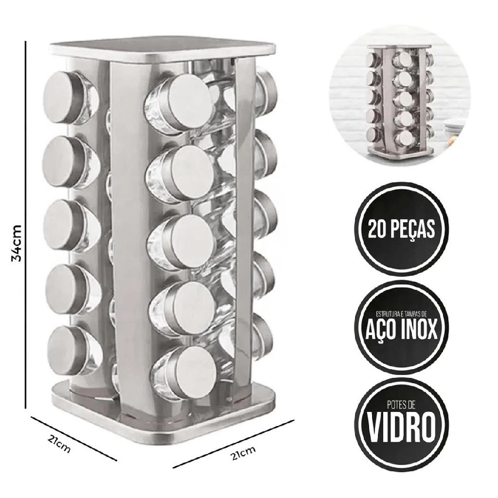 Porta Tempero Condimento Inox 20 Potes Frascos Vidro Suporte Giratório Etiquetas Caneta Decoração