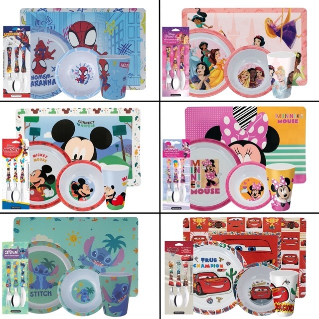 Kit Talher + Prato + Bowl + Copo + Jogo Americano Infantil Disney Plástico BPA Free Criança Refeição em Oferta na Shopee
