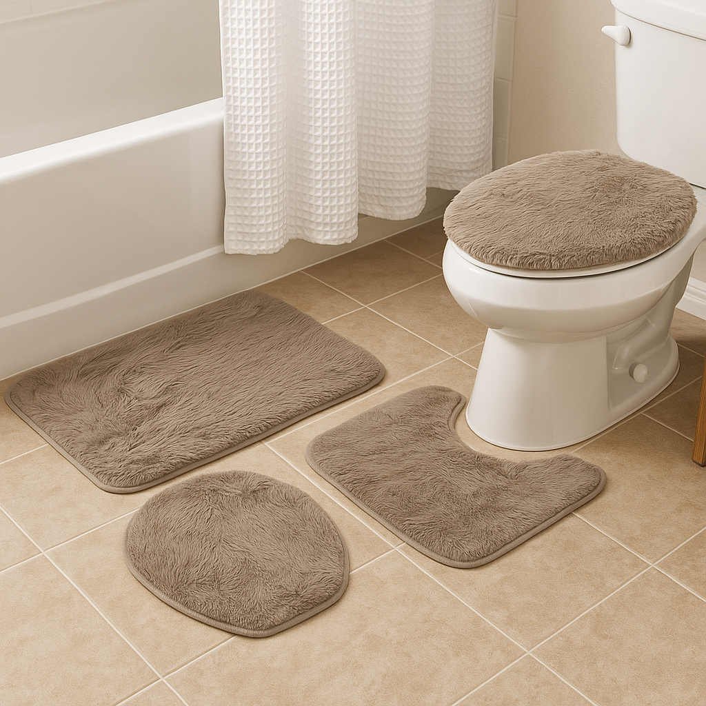 Tapete para Banheiro 3 Peças Pelúcia Algodão Macio Antiderrapante Rosa Preto Marfim Branco Cinza