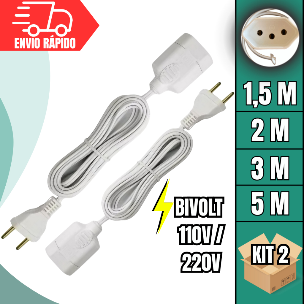 Extensão Elétrica Bivolt KIT 2 Unidades Cabo Prolongador Paralelo Bipolar Tripolar 1,5M/2/3/5 Metros