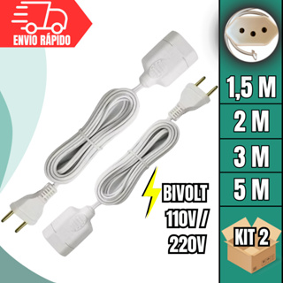 Extensão Elétrica Bivolt KIT 2 Unidades Cabo Prolongador Paralelo Bipolar Tripolar 1,5M/2/3/5 Metros em Oferta na Shopee