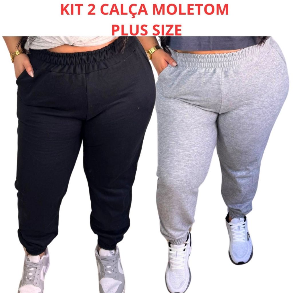 kit 2 Calça Moletom Feminina Jogger  Plus Size Cintura Alta Blogueira Tecido Premium Quent...