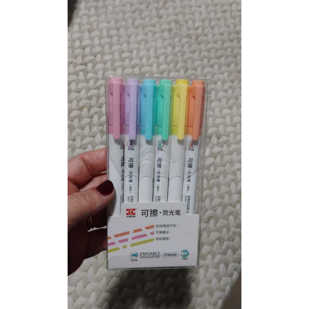 Kit com 6 Canetas Marca Texto Apagável Multicores em Tom Pastel