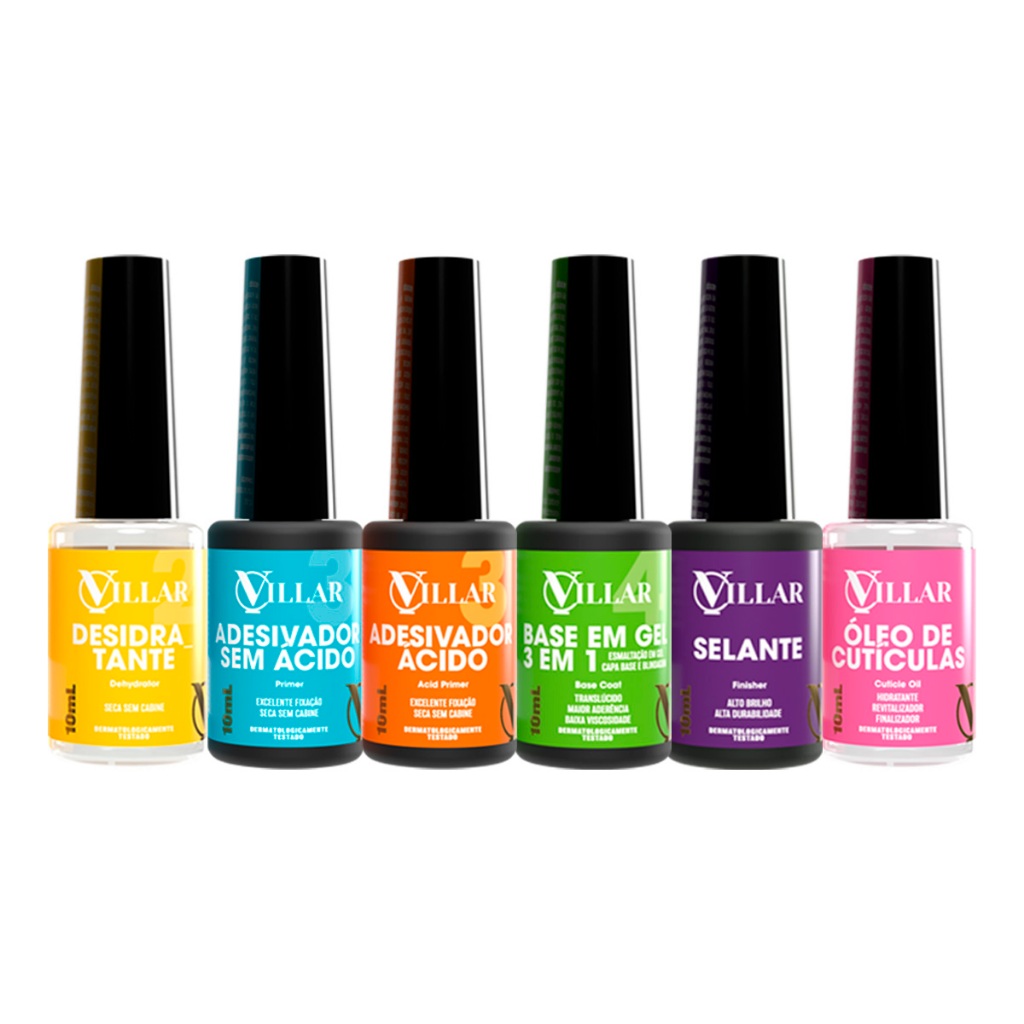 Kit Blindagem Villar - Gel Base Desidratador Primer Finalizador Selante Óleo de Cutículas