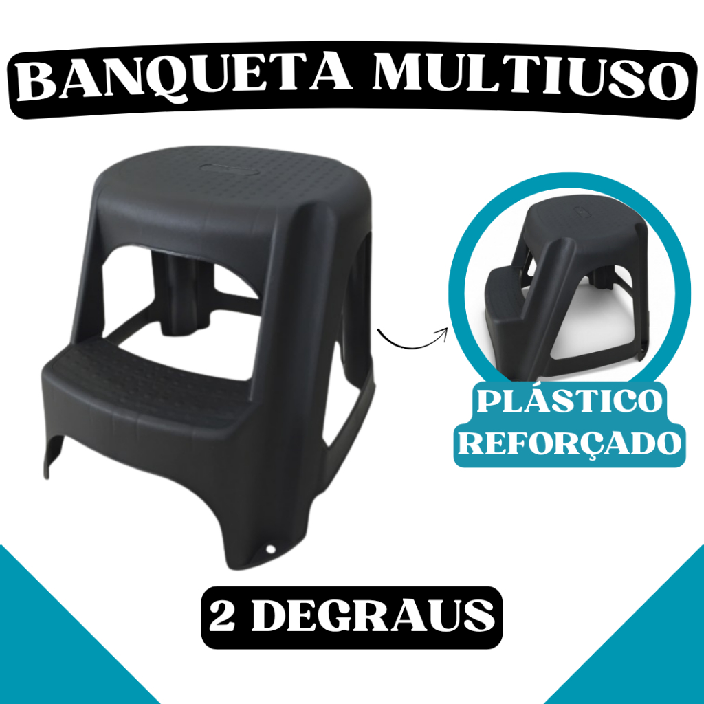 Banqueta Multiuso Com 2 Degraus - Plástico Reforçado - Preta - TOY25616
