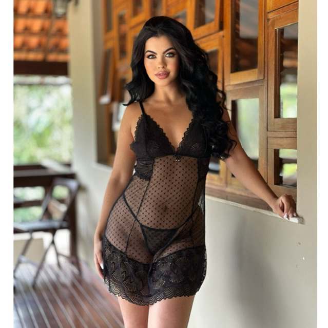 CAMISOLA SEXY TULE PÓA TRANSPARENTE E RENDA BICOLOR COM CALCINHA