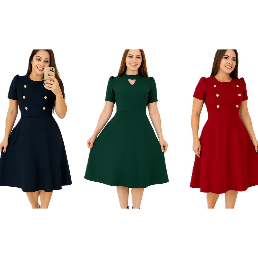 Vestido Moda Evangélica mais Vendido Luxo Premiun Bolsos Botões Saia Rodada Moda Cristã Lançamento Roupas Plus Size