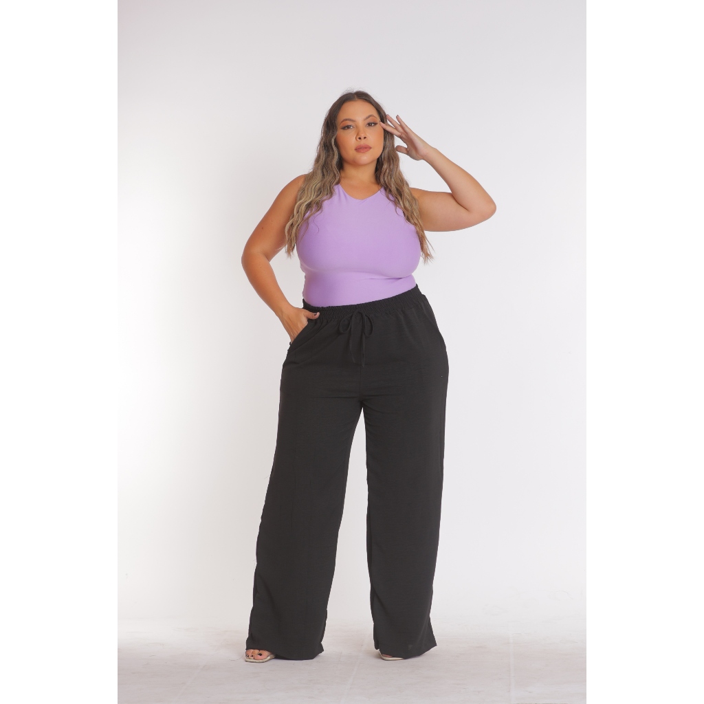 Calça Pantalona Wide Leg Cintura Alta Plus Size em Oferta na Shopee