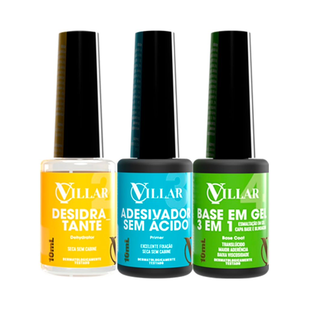 Kit Villar - Preparadores Gel Capa Base Desidratador Primer Adesivador