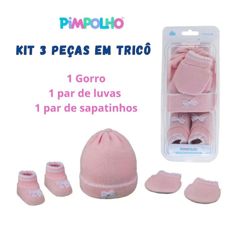 Kit Touca Gorro Luva e Sapatinho para Bebê Recém Nascido Pimpolho
