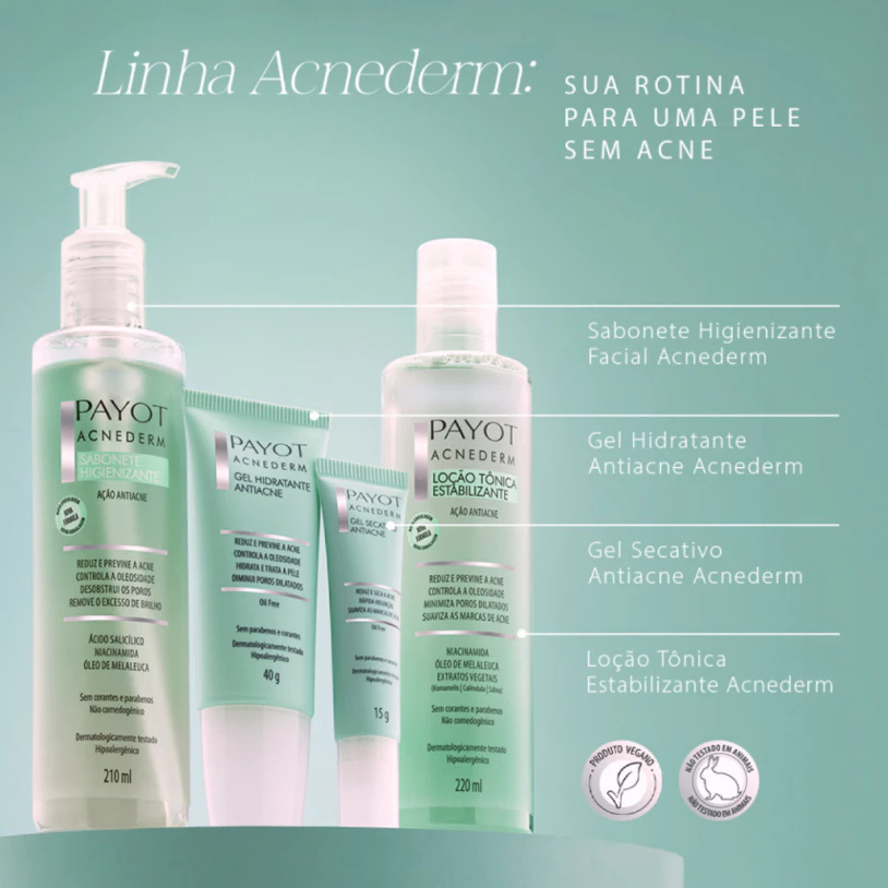 Kit Acnederm Payot - Tônico + Sabonete Facial + Gel Secativo + Gel Hidratante