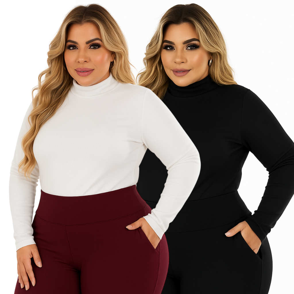 Kit 2 Blusa Feminina Plus Size Cacharrel Manga Longa Gola Alta Canelada G1 ao G3 em Oferta na Shopee