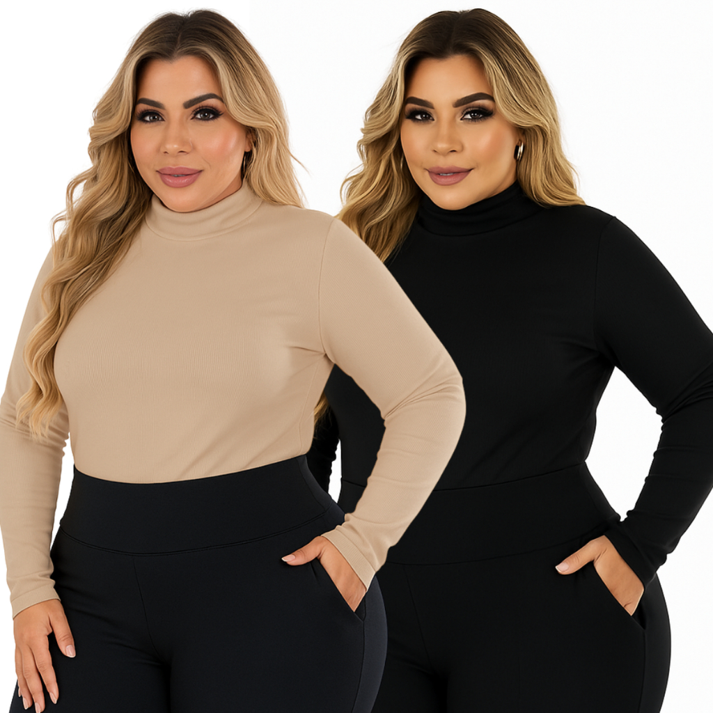 Kit 2 Blusa Feminina Plus Size Cacharrel Manga Longa Gola Alta Canelada G1 ao G3