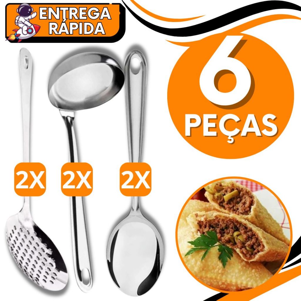 KIT 6 Escumadeira Colher de Servir Concha Arroz Fritura Caldos Resistente Aço Inox Peneira Coa Serve Pega Caldo