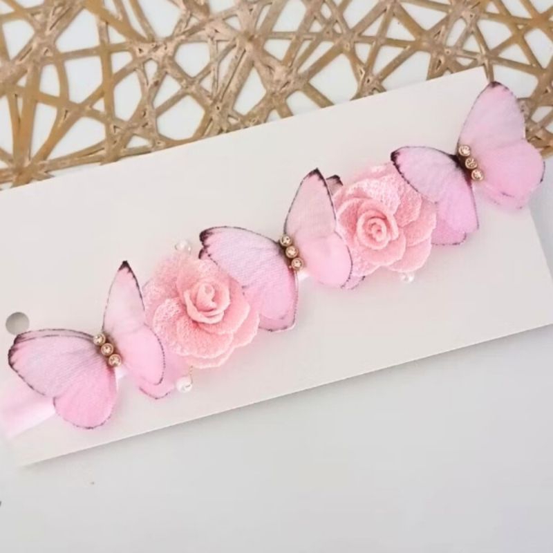 Tiara Faixinha Meia de Seda Rosa Bebê – Jardim Encantado com Borboletas e Flores– Acessório Luxo para Bebês em Oferta na Shopee
