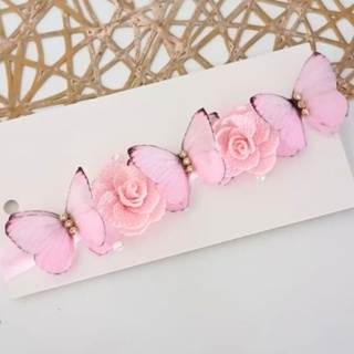 Tiara Faixinha Meia de Seda Rosa Bebê – Jardim Encantado com Borboletas e Flores– Acessório Luxo para Bebês em Oferta na Shopee