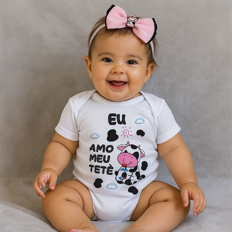 Body Bebê Temático Fazendinha Eu Amo meu Tete vaquinha  + Laço em Oferta na Shopee
