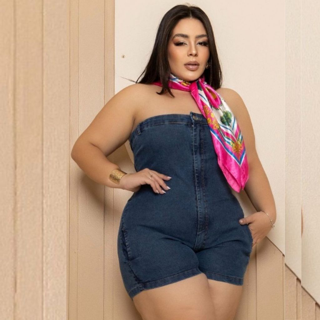 Macaquinho Curto Tomara que caia Jeans e Preto Plus Size. em Oferta na Shopee