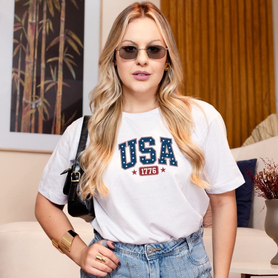 T-Shirt Estampada Feminina USA 100% Algodão Várias Cores Envio Imediato em Oferta na Shopee