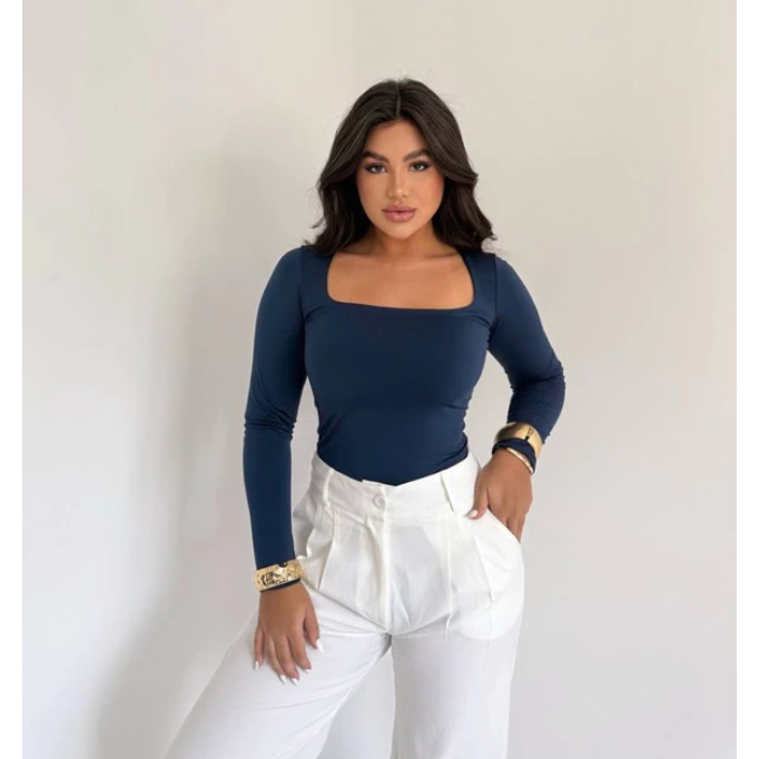 Blusa SUPLEX feminina Manga Longa Gola Quadrada Moda Inverno