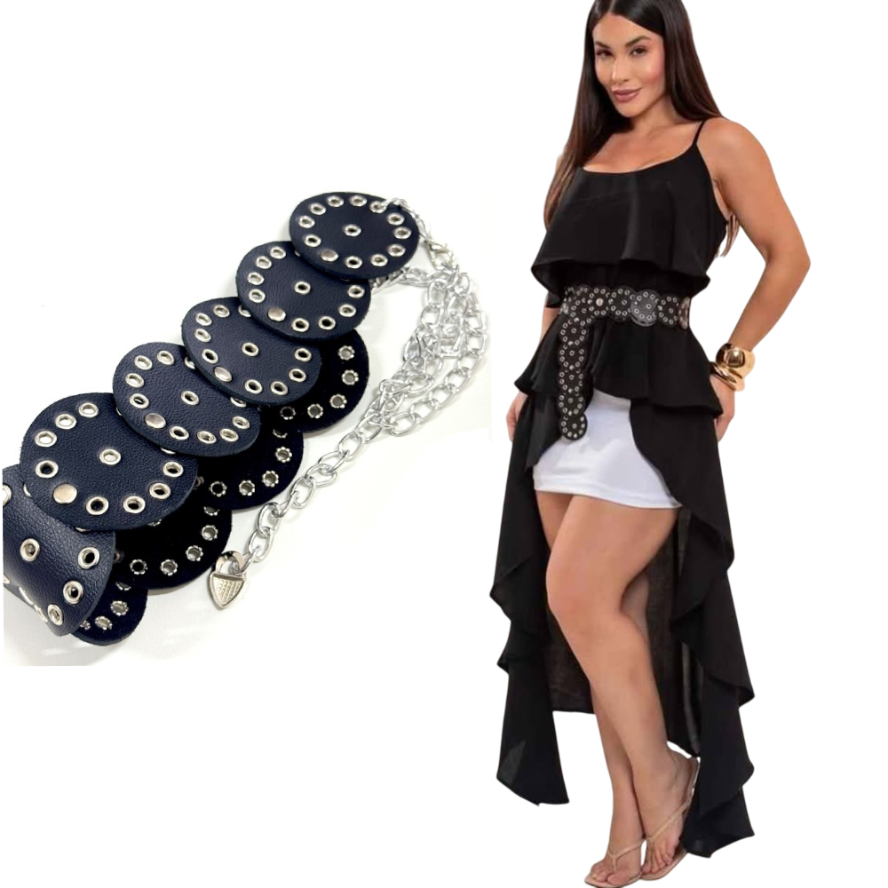 Cinto Feminino Boho Chic Estilo Country - Cinto Metal Redondo Dourado e Prata
