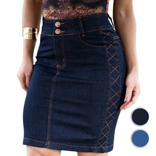 Saia Jeans Secretária Feminina com Costura Lateral em X Cintura Alta e Elastano Moda Evangélica 1144 em Oferta na Shopee