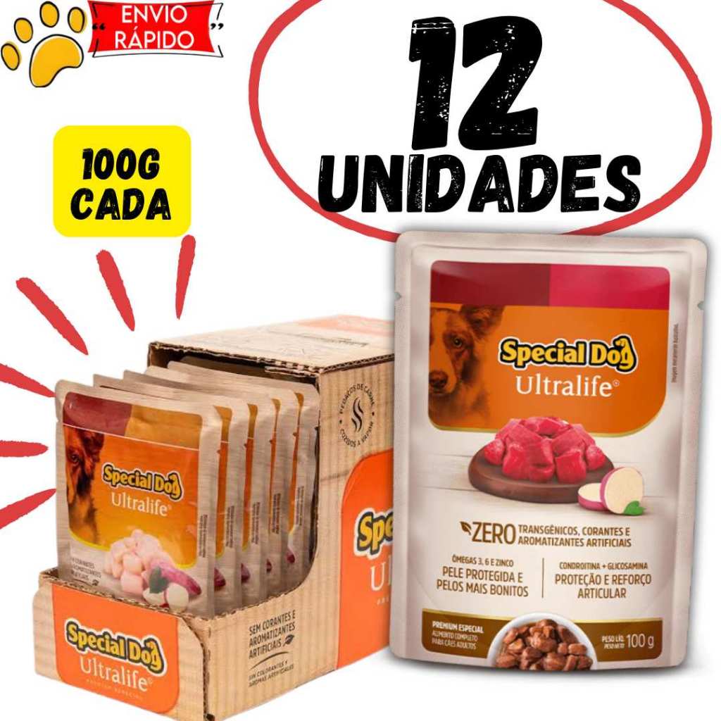 Kit 12 unidades sachê ração úmida special dog para caes cachorro caixa fechada