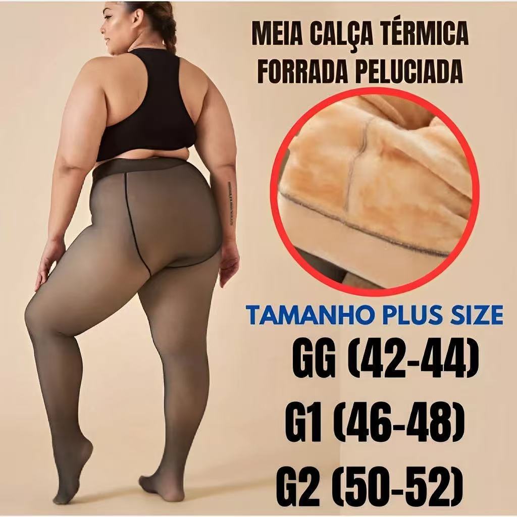 Meia‑Calça Térmica Translúcida Plus Size 48‑58 Forrada com Lã, Ultra Elástica e Modeladora