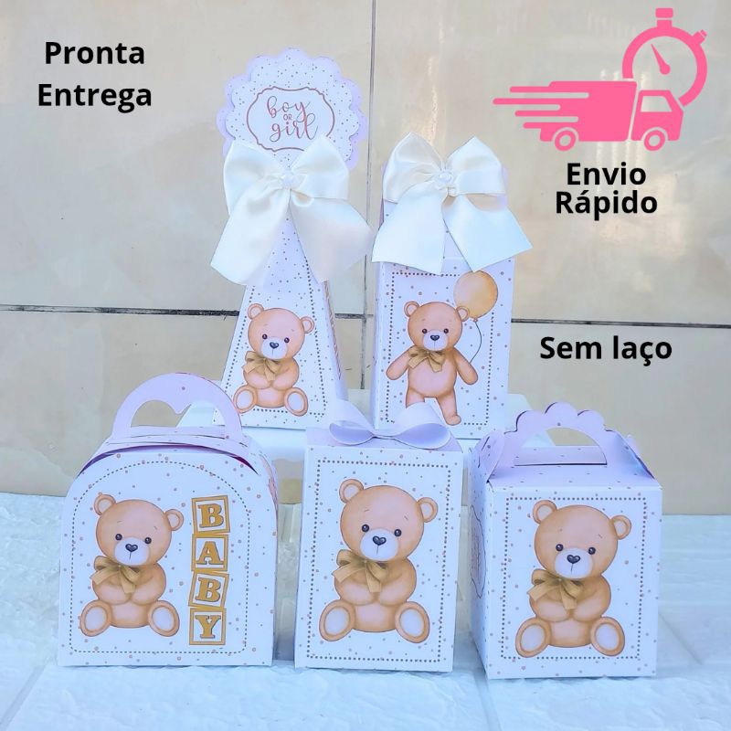 ENVIO RÁPIDO - Kit Papelaria Caixas  URSINHO NEUTRO CHÁ DE BEBE REVELAÇÃO Lembrancinha Festa Personalizados DESMONTADO