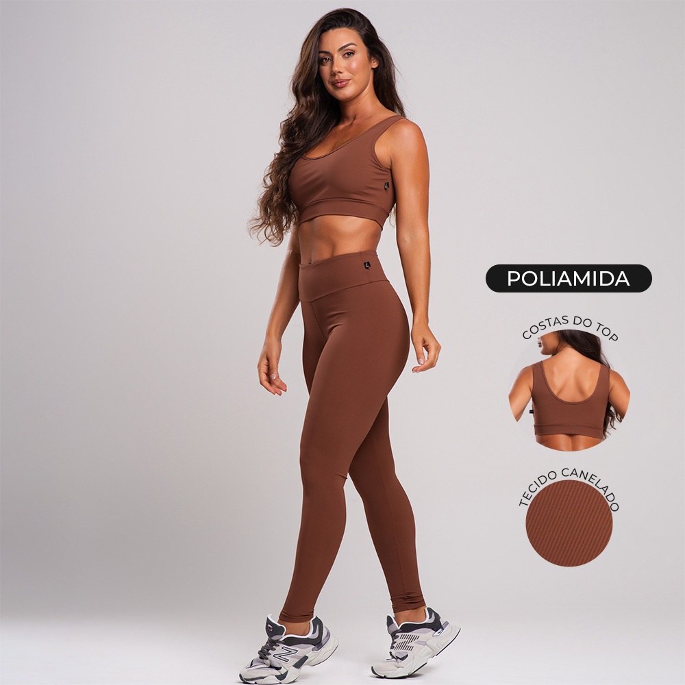 Conjunto fitness canelado casual calça legging poliamida + top academia canelado poliamida - Sports & Outdoors