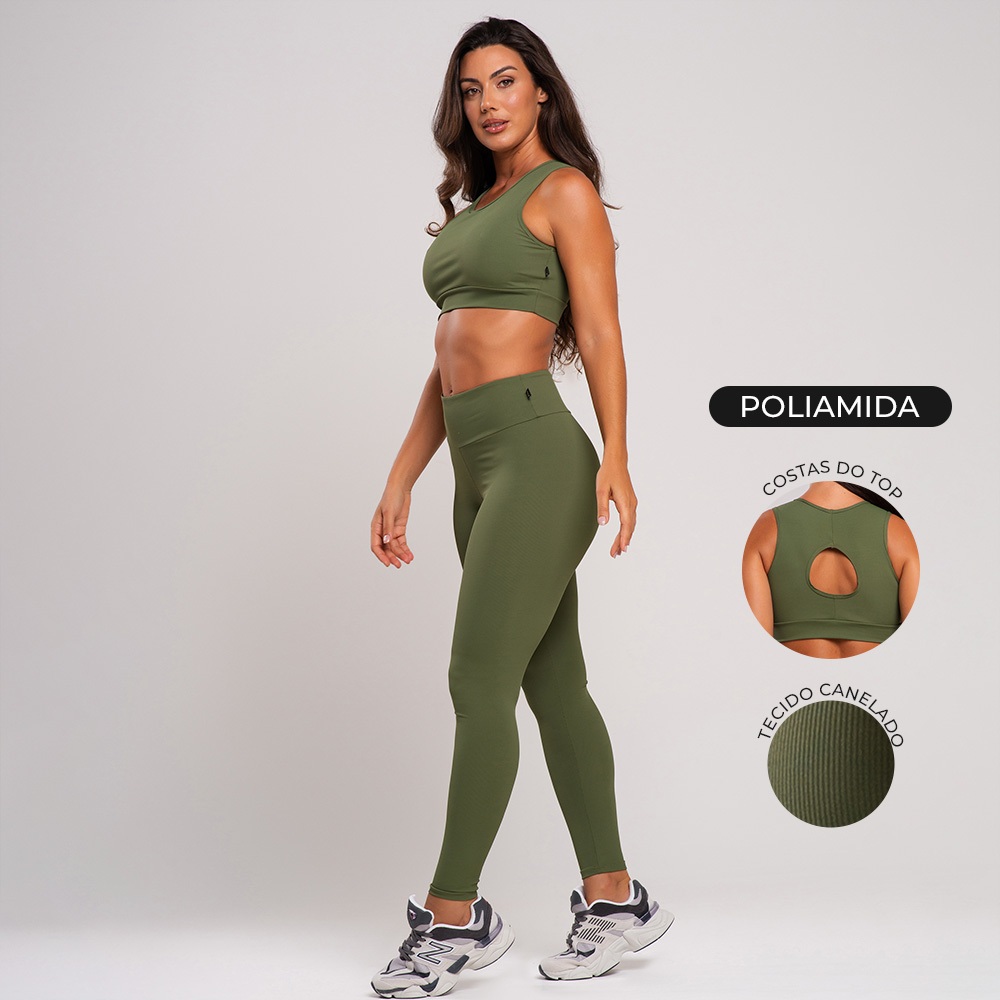 Conjunto fitness tecido canelado casual top nadador canelado poliamida outono inverno academia em Oferta na Shopee