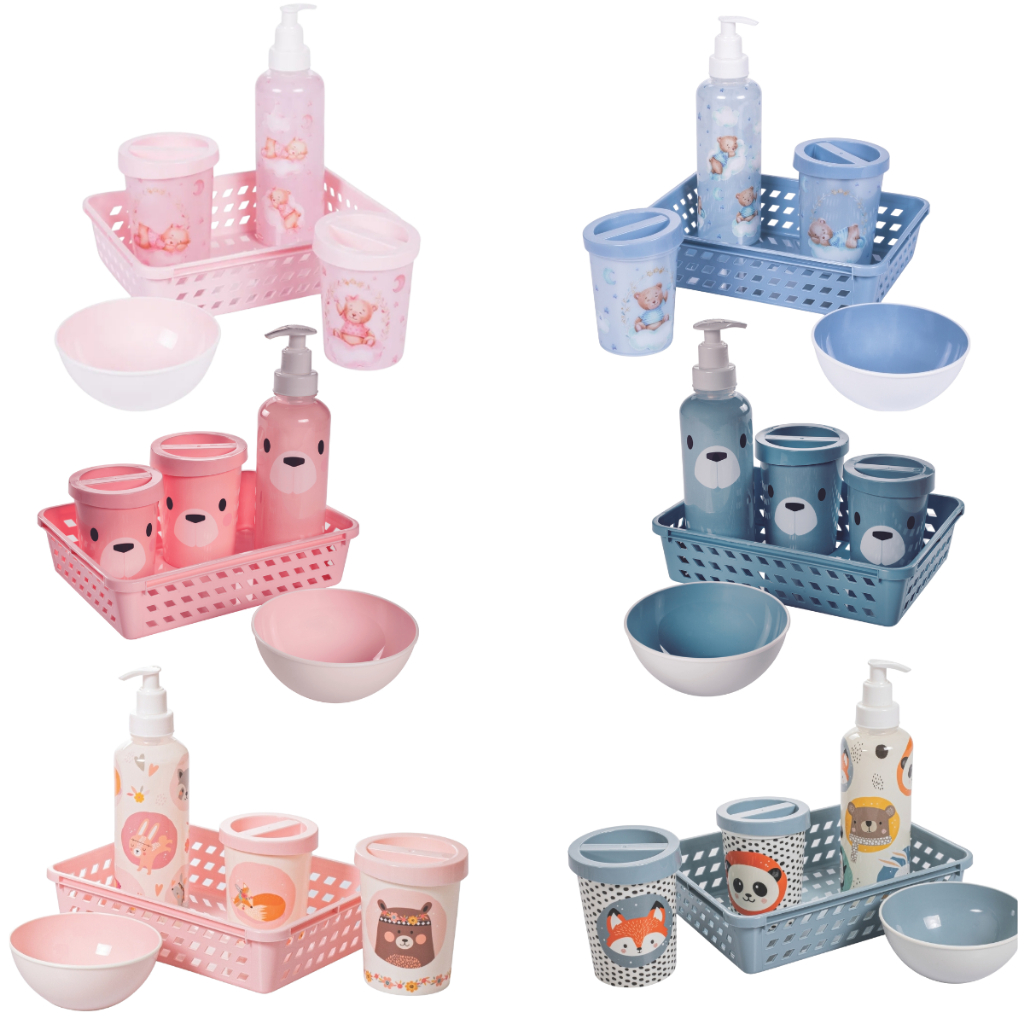 Kit Higiene Bebê 5 peças Plasutil Baby Urso Trama Organizador Infantil Porta Algodão - Várias Cores