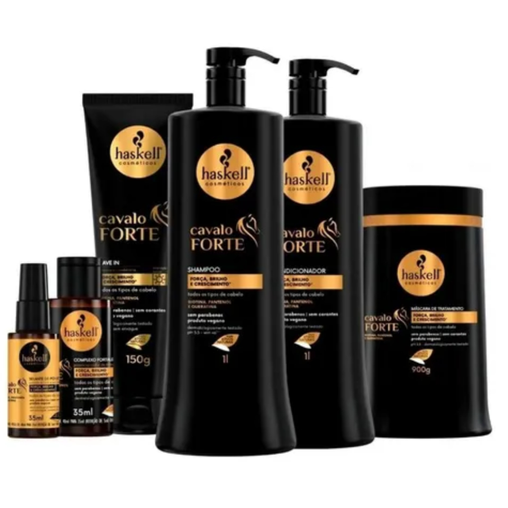Kit Haskell Cavalo Forte 1L Shampoo+Condicionador+Máscara 900g+Leave-In+Complexo+Selante Original