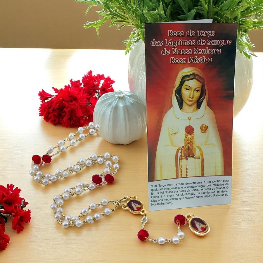 Terço Lágrimas de Sangue Nossa Senhora Rosa Mística com Folheto