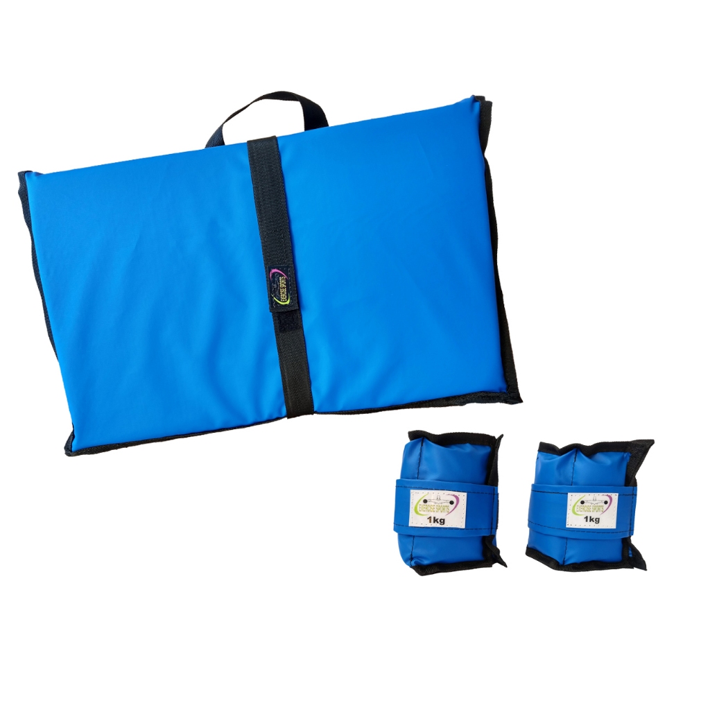 KIT PAR TORNOZELEIRA 1KG + COLCHONETE DOBRAVEL NA COR AZUL ACADEMIA GINASTICA MUSCULAÇÃO