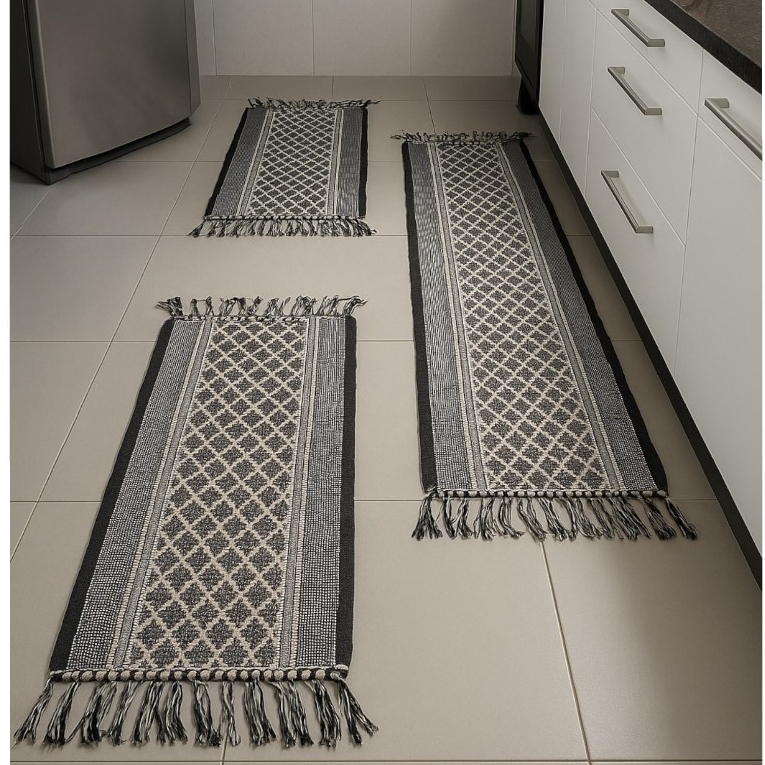 Kit Passadeira Cozinha Tapetes 3 Peças Tear Algodão Nozinho Luxo Geométrico Marajó