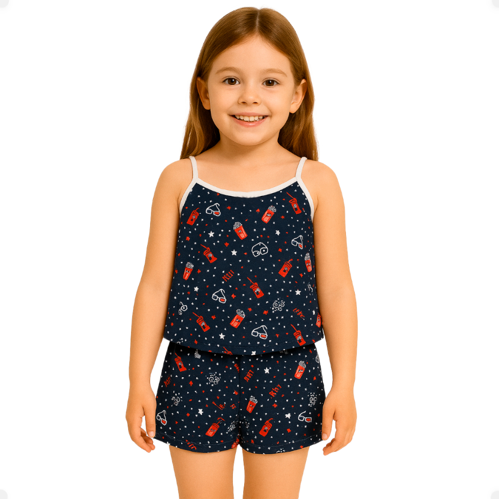 Pijama Baby Doll Feminino Infantil Menina Estampas Variadas Juvenil Regata Shortinho Curto Confortável Estampado
